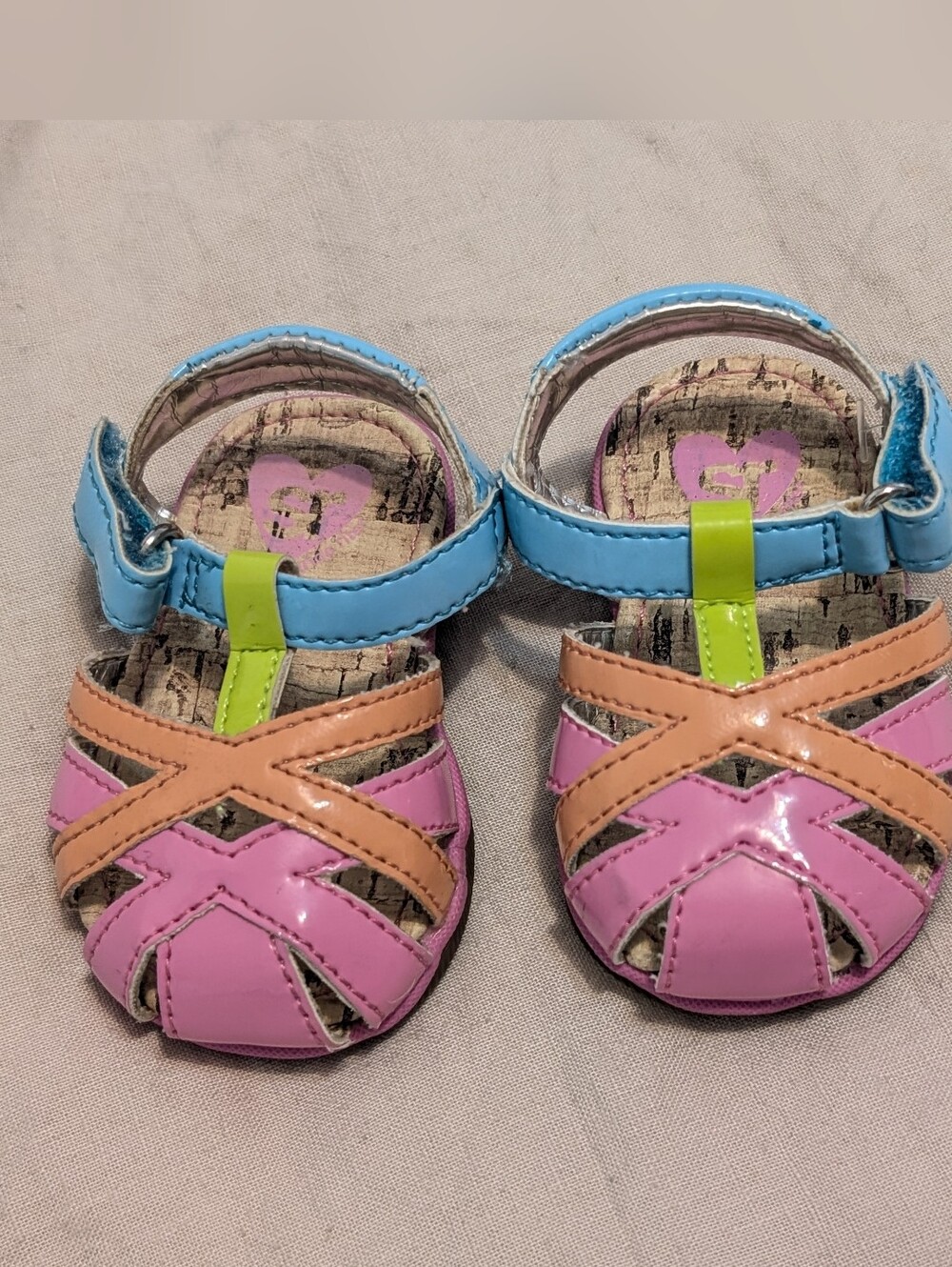 Baby Pink & Peach Strappy Sandals with Blue Ankle Strap 1 Us